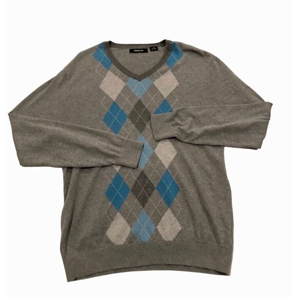 Claiborne Cotton VNT Retro Preppy Chevron Argyle Classic V Neck Sweater M - Picture 1 of 14